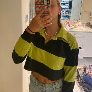 Green and navy striped collared crop top